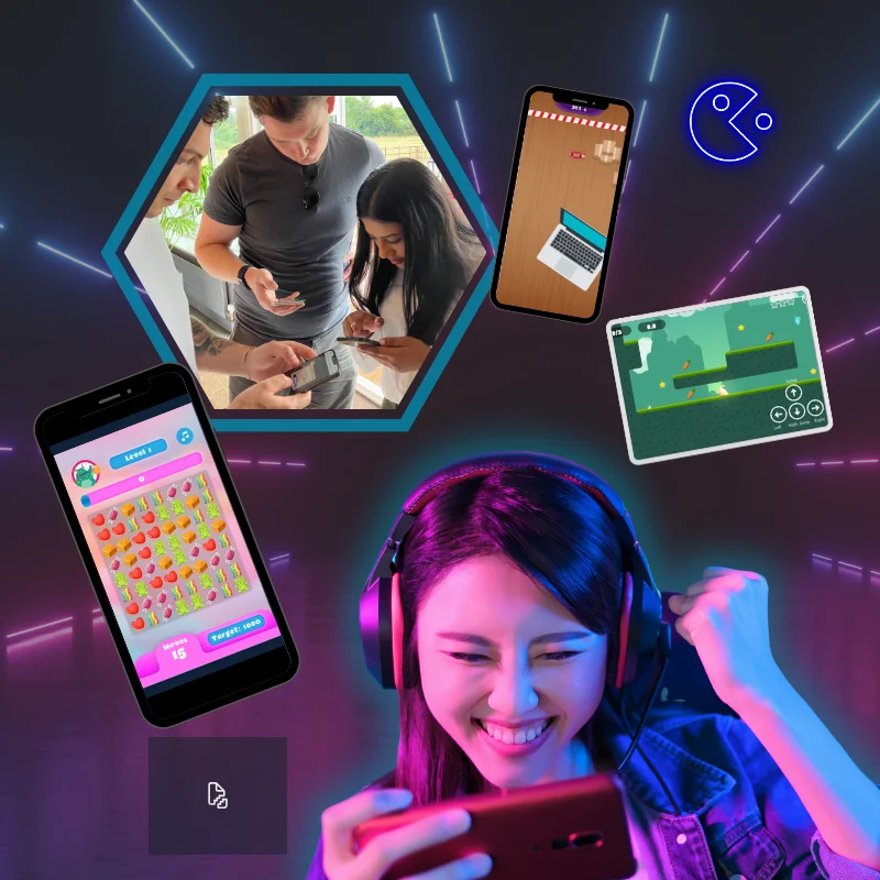 Girl playing custom made mobile game with our Branded Mobile Games