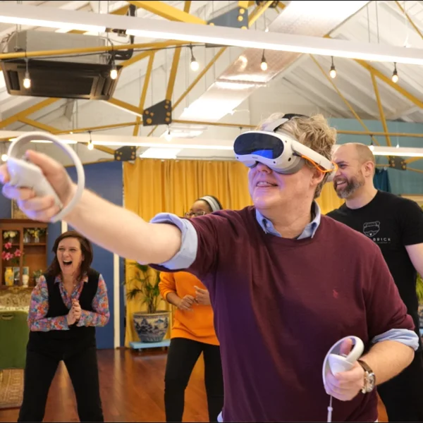 a man wearing virtual reality goggles