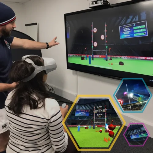 A woman is playing Rugby Kicking Challenge - Virtual Reality at her office event.