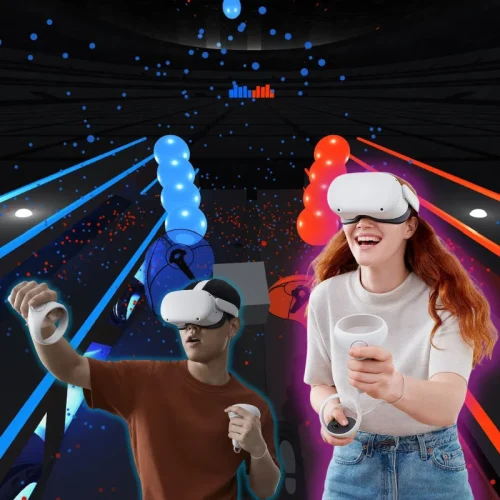 2 people playing Dance Challenge in VR at an event