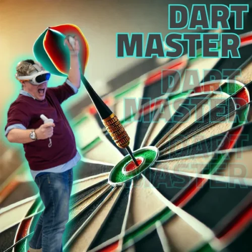 a man wearing virtual reality goggles and holding a dart in his hand