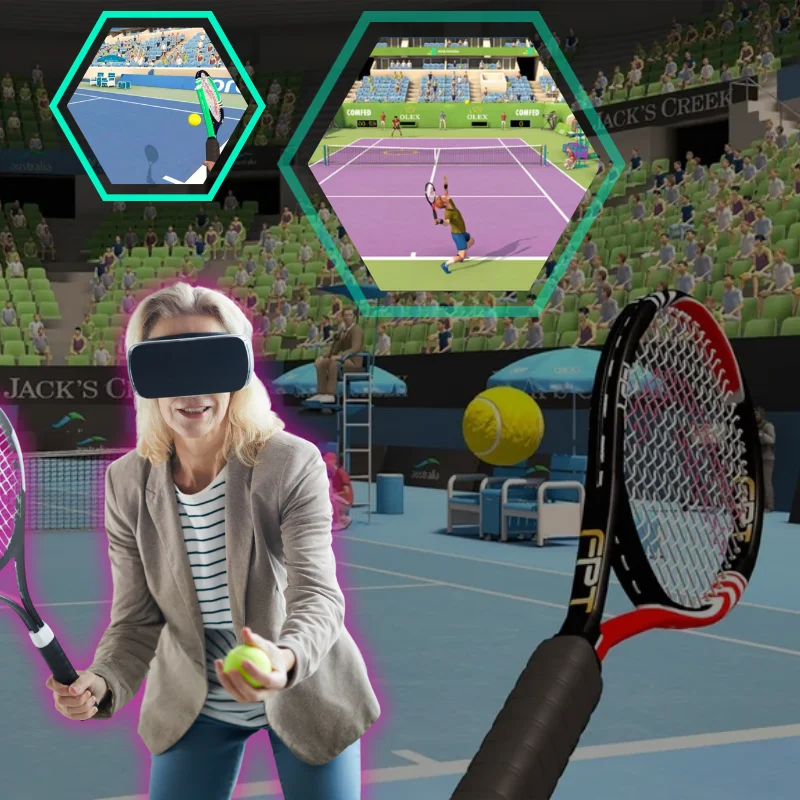 A woman playing Tennis Championship - Virtual Reality at an office event.