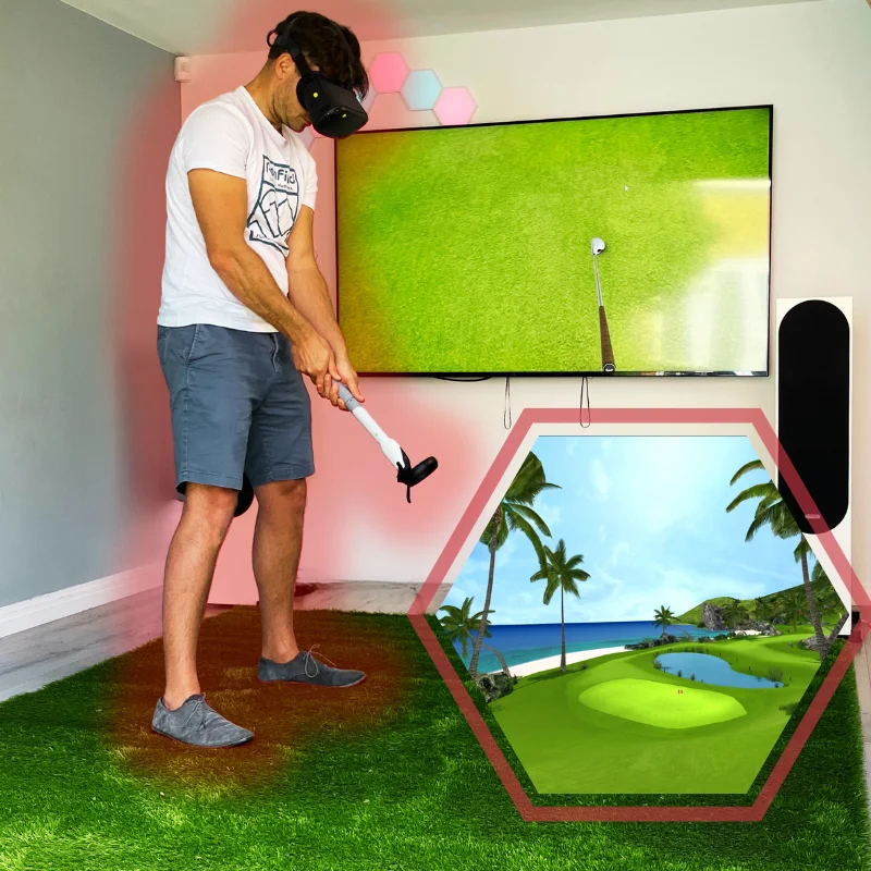 A man playing Mini Golf Challenge in Virtual Reality at office event.