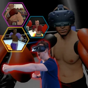 A man playing the Boxing Challenge in Virtual Reality at an office event.