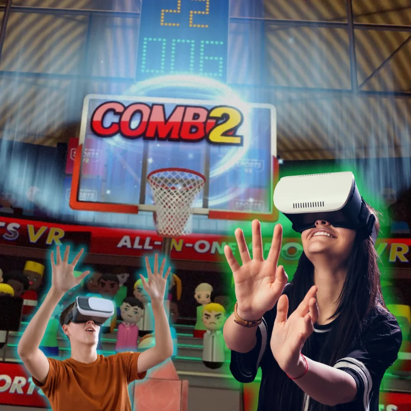 A man and woman are competing in Sports Day Challenge in Virtual Reality.
